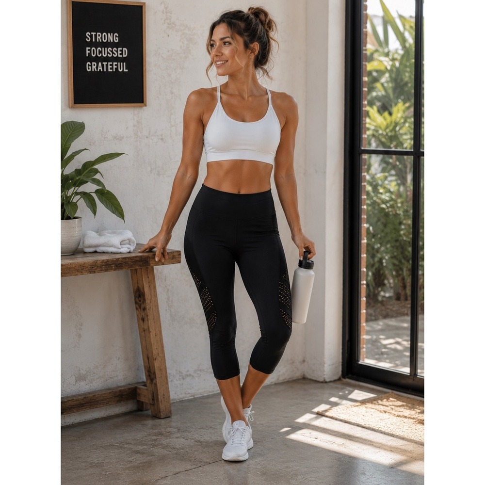 Marika Womens Black High Rise Mesh Panel Compression Athletic Capri Leggings S